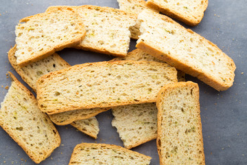 Garlic and herb bread slices. Eco food.