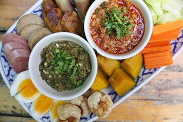 Tradition Northern Thai food. Thai chili sauce, Thai sausages