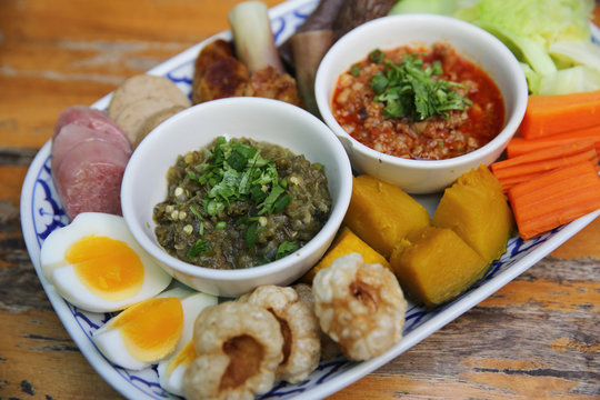 Tradition Northern Thai food. Thai chili sauce, Thai sausages