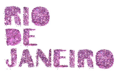 Card with text Rio de Janeiro of purple glitter on white background