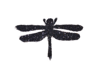 Dragonfly of black glitter on white background, icon for your design