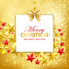 Fototapeta na wymiar Merry Christmas and Happy New Year card with bow and gold and red stars. Vector illustration.