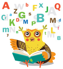 Funny Owl Learn To Read Book On A White Background. Cartoon Vector Illustrations. Owl Picture, Owl Toy, Owl Costume.