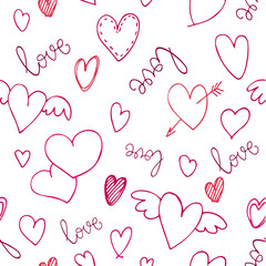 Romantic seamless pattern with hearts and handwritten lettering for your design.