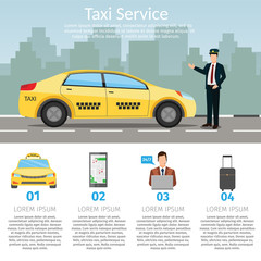 Taxi driver Call with smartphone service background the city flat style illustration background
