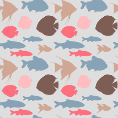 Seamless pattern with different colorful fishes on blue background, vector illustration.