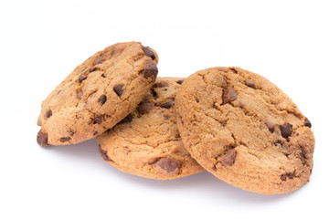 Chocolate chip cookies isolated on white background.
