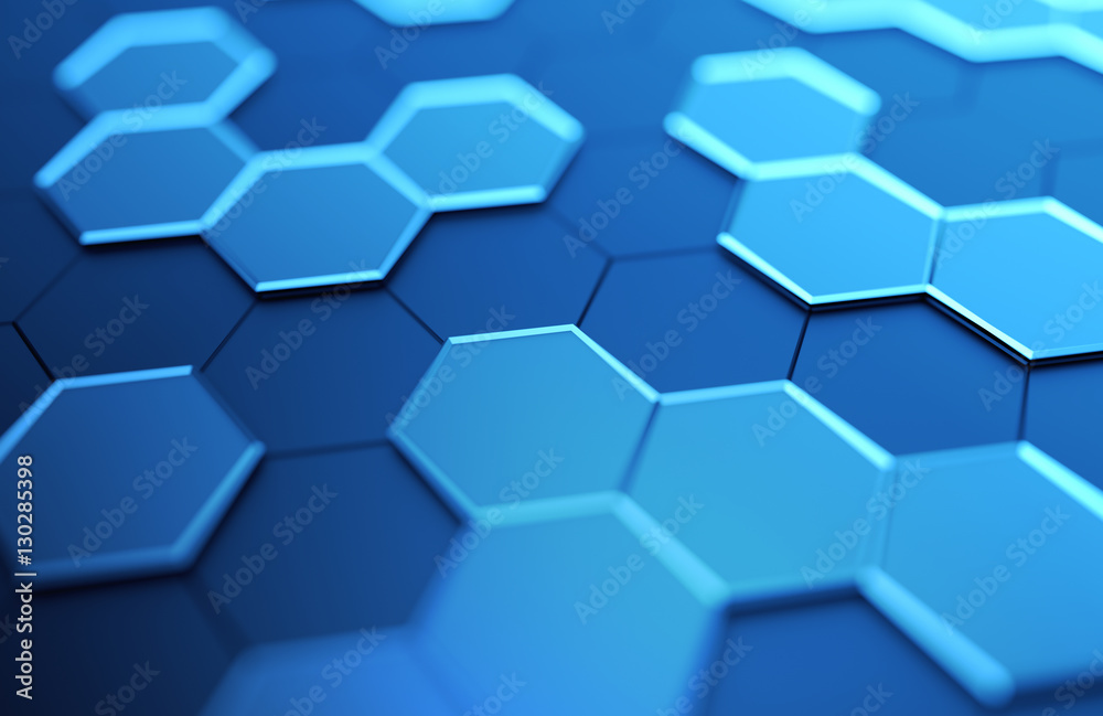 Poster abstract 3d rendering of futuristic surface with hexagons. contemporary sci-fi background with bokeh