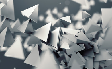Abstract 3d rendering of chaotic low poly shapes. Flying polygonal pyramids in empty space. Futuristic background with bokeh effect. Poster design.