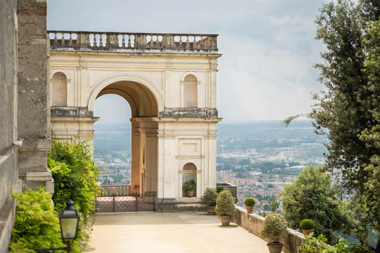 Creative view on ancient Villa in Europe background.