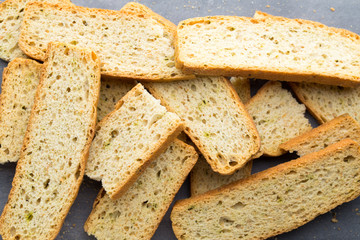 Garlic and herb bread slices. Eco food.