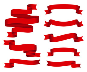 Red glossy ribbon vector banners set. Ribbons collection