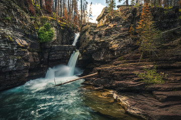 Panoramic view of cascading waterfalls. 