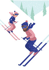 young couple skiing