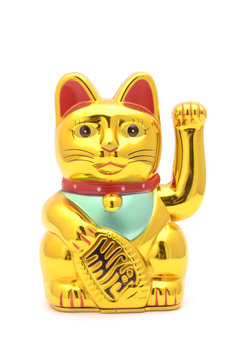 figurine golden cat brings good luck isolated on white