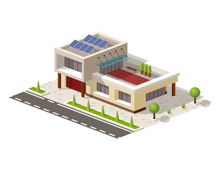 Isometric High-tech house vector illustration. Contemporary american with solar panels, terrace, green pots. 3D lowpoly office, garage, car store, salon icon