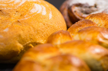 Closeup freshly baked sugar bread with beautiful golden color, bakery concept