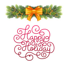 Fototapeta na wymiar Gift card with hand lettering Happy Holiday and Christmas celebration fir branch. Vector illustration for your design