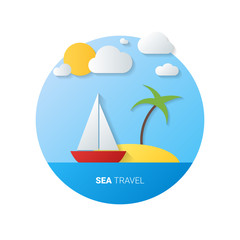 Vector image of boat and island. Summer time. Sea travel and vacation concept.