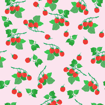 Summer seamless pattern with berries and leaves of wild raspberries, vector illustration