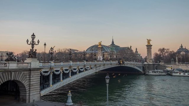 side view timelapse of Bridge of Alexandre III over river Seine at summer day, France