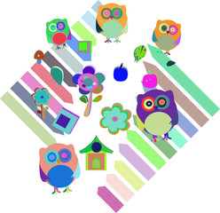 set of colorful owls with different expressions,