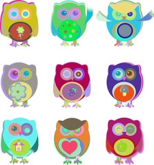set of cute owls isolated on white