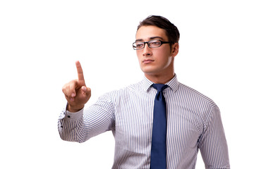 Young handsome businessman pressing buttons isolated on white
