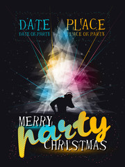 Merry Christmas party poster with snowflakes, dj, laser, blue, yellow colors
