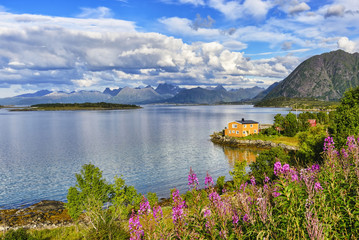 Lofoten islands landscape, Norway. Lofoten archipelago is known for a distinctive scenery with...