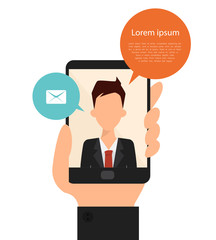 Communication technology on mobile and video call. Business man talking.