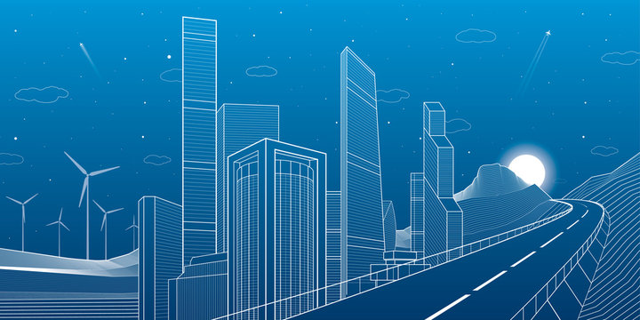 Highway in mountains. Tower and skyscrapers, neon city and business buildings, night scene, white lines on blue background, windmills power, vector design art