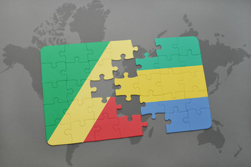 puzzle with the national flag of republic of the congo and gabon on a world map