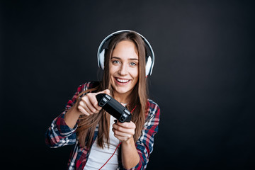 Joyufl girl playing video games