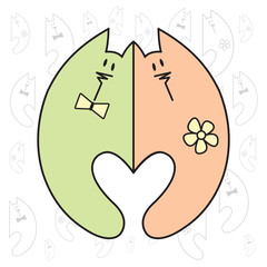 Love Valentine art. Romantic vintage clipart with cats. Valentine's Day or wedding illustration.