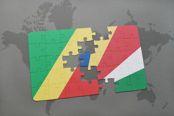 puzzle with the national flag of republic of the congo and seychelles on a world map