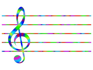 Multicolored treble clef and lines on the white background