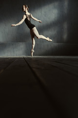 Graceful ballet dancer standing on the tiptoe in the studio