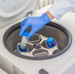 Technician loading a sample to centrifuge machine