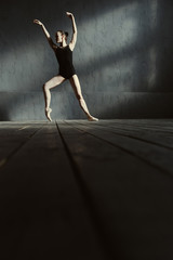 Fototapeta na wymiar Steady ballet dancer training in the black colored room