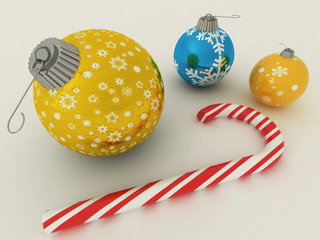 3D render of blue and gold holiday decoration baubles with sugar cane