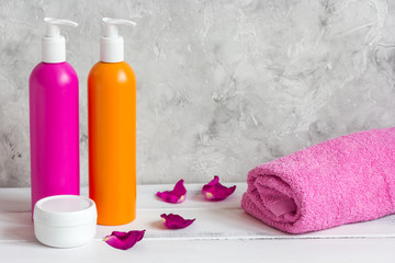 Obraz na płótnie Canvas cosmetics for women hair care and spa in bathroom