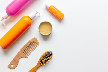 cosmetics for women haircare in bottle white background top view