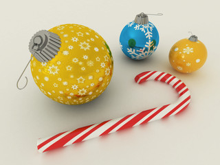 3D render of blue and gold holiday decoration baubles with candy cane