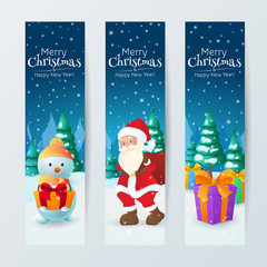 Vector set of vertical banners with title "Merry Christmas" and "Happy New Year". Cartoon Snowman with present, Santa Claus with a bag and boxes with gifts. Winter landscape with trees and snow.