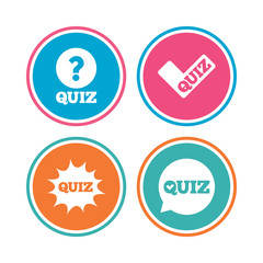 Quiz icons. Speech bubble with check mark symbol.