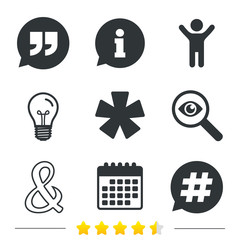 Quote, asterisk footnote icons. Hashtag symbol.