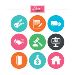 Real estate, auction icons. Handshake, for sale.