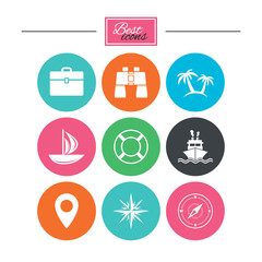 Cruise trip, ship and yacht icons. Travel signs.