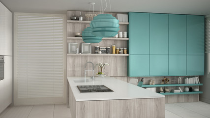 Fototapeta na wymiar Minimalistic white kitchen with wooden and turquoise details, mi